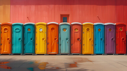 Colorful porta-potties - portable bathrooms - mobile bathrooms - vibrant colors - concert - festibal - special event