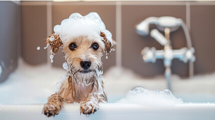 Funny Dog Taking Bubble Bath. A cute little dog on the edge of the tub. AI Generative