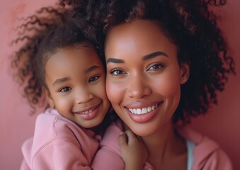 A happy fashion American mother wearing bright sweatshirt, lovingly embracing her smiling kid