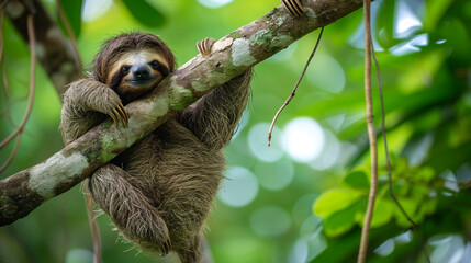 Funny sloth hanging on tree branch, cute face look, perfect portrait of wild animal. AI Generative - obrazy, fototapety, plakaty