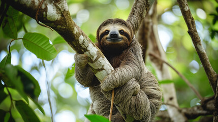 Funny sloth hanging on tree branch, cute face look, perfect portrait of wild animal. AI Generative
