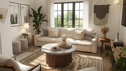 Warm and inviting living room with L-shaped sofa, patterned rug, and green plant accents