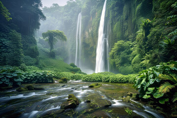 Waterfall and Lush Greenery. The Clear Stream of the Waterfall Harmonizes with Abundant Vegetation, Creating a Beautiful Landscape.