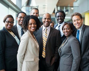 A diverse group of Black, White, Hispanic, and mixed individuals collaborate in a business meeting. Ideal for themes of workplace diversity, teamwork, and professional success.