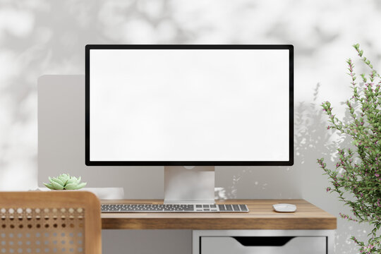 3D illustration Blank Screen Desktop Computer on wood table