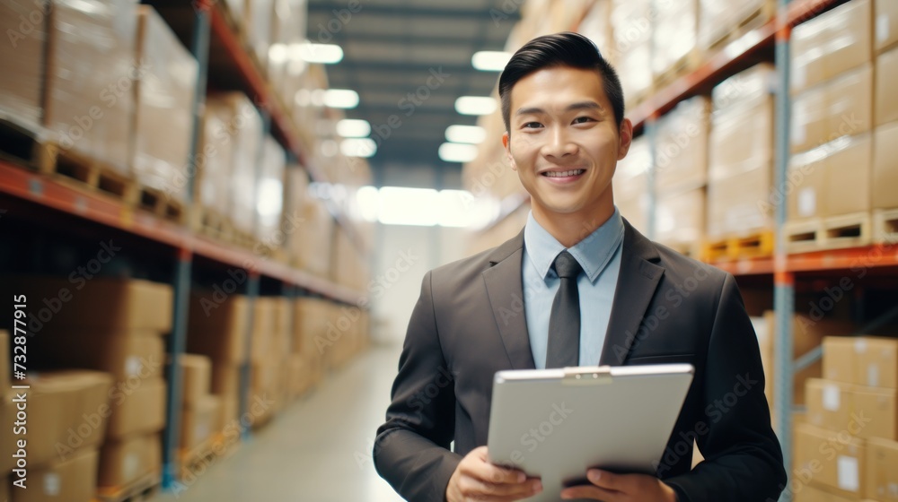 Wall mural portrait of a happy confident male warehouse manager with a clipboard standing in a distribution war