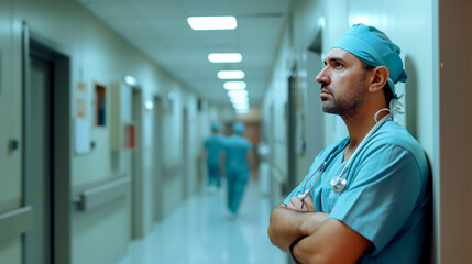 Tired surgeon - resting after surgery in hospital corridor