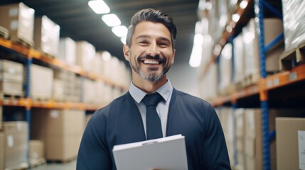 Fototapeta premium Portrait of a happy confident male warehouse manager with a clipboard standing in a distribution warehouse with his management expertise in logistic and supply chain.