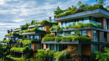 Modern residential district with green roof and balcony.