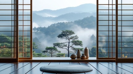 view form window,minimalist wallpeper of zen vocano japan,copy space. 