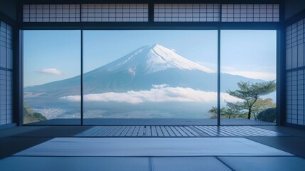 view form window,minimalist wallpeper of zen vocano japan,copy space. 