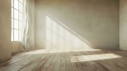 Empty room with window shadow sunlight wooden floor. 3d render illustration mock up