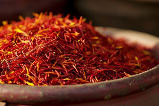saffron in a wooden bowl close up