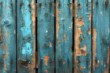 Weathered blue wooden fence with peeling paint and rustic nails.