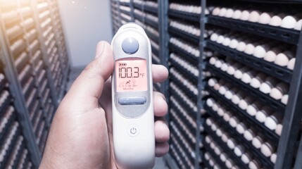 Infrared thermometers are used by quality control to measure the temperature of egg shells in egg...