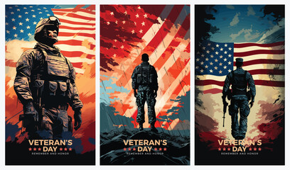 Veterans day illustrations background design with american flag and silhouette of soldier	

