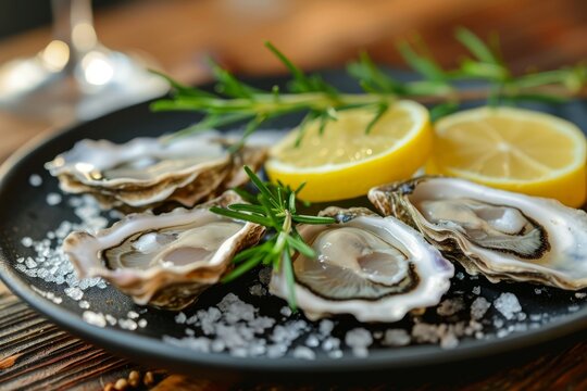 Plate of fresh oysters with lemon on restaurant table