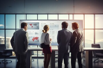 Business team analyzing data on a large screen in a corporate office