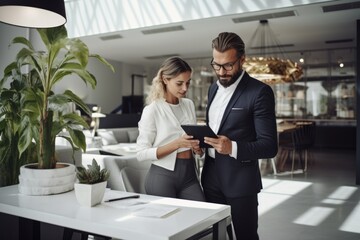 Business colleagues discussing over a tablet in a modern workspace