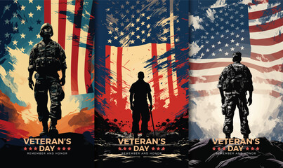 Fototapeta premium Veterans day illustrations background design with american flag and silhouette of soldier 