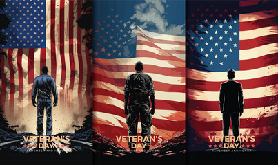 Veterans day illustrations background design with american flag and silhouette of soldier	
 - obrazy, fototapety, plakaty