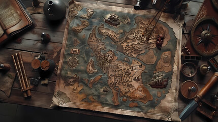 fantasy pirate map on fabric cloth type material in the captain's room