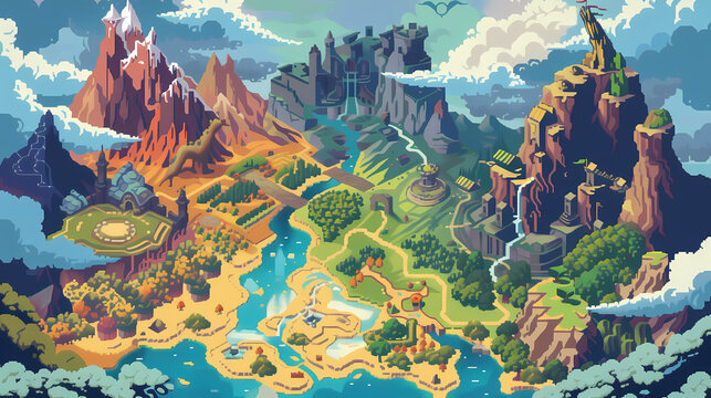 vibrant fantasy world map concept for pixel based game art
