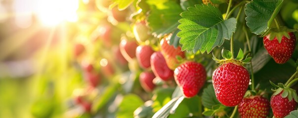 Ripening strawberries on bush under sunlight.