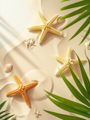 Fototapeta na wymiar Top view starfish and tropical leaves on the sand beach background, Summer holiday vacation concept