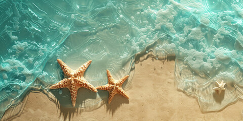 Fototapeta na wymiar Top view starfish on sand and sea beach, Summer holiday vacation concept