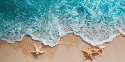 Top view starfish on sand and sea beach, Summer holiday vacation concept