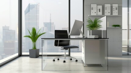 Modern Office Cubicle with Glass Desk and Minimalist Decor AI Generated.