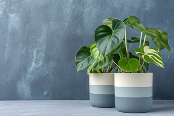 Two potted plants on a grey background.