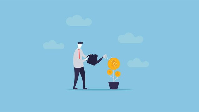 Animated businessman watering money plant. Suitable for business activity, finance education, business motivation, investment presentation, economic growth.