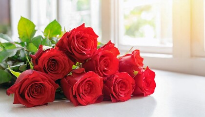 bouquet of red roses on a table