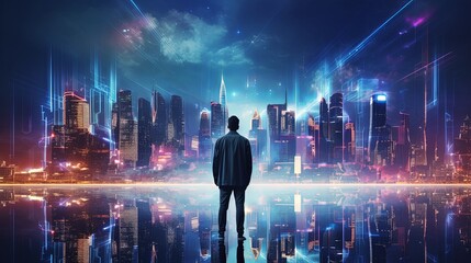 Business technology concept, Professional business man walking on future Pattaya city background and futuristic interface graphic at night, Cyberpunk color style - obrazy, fototapety, plakaty