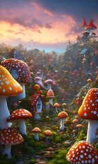 fly agaric mushroom in forest.A patch of whimsical mushrooms sprinkled throughout a vibrant forest.