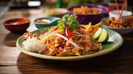 Foto op Canvas Closeup of pad Thai on a white dish surrounded by other Thai meals © chanidapa