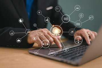 Business consultant performance analyst technology, digital marketing. Data analytics business concept. Businessman use computer laptop, cloud network connection. Financial banking tech, big data