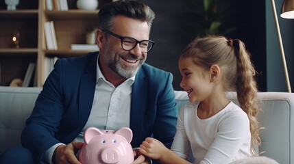 Financial Education For Children Concept. Portrait of smiling little girl putting coin in pink piggy bank, sitting on dad's lap on the couch at home, man teaching his daughter to invest - obrazy, fototapety, plakaty