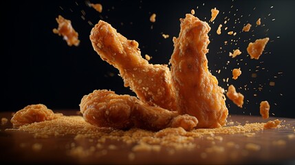 Freeze Motion Shot of Flying Fresh Fried Chicken Wings or Strips, Close-up - obrazy, fototapety, plakaty