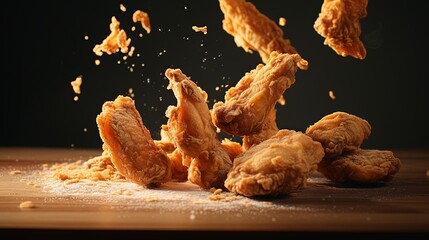 Freeze Motion Shot of Flying Fresh Fried Chicken Wings or Strips, Close-up - obrazy, fototapety, plakaty