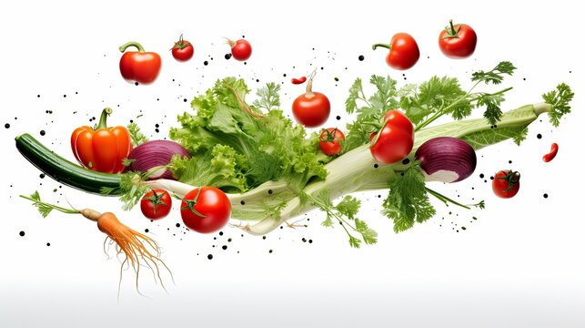 Flying fresh vegetables on white background