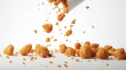 Foto op Plexiglas Fried popcorn chicken falling in the air isolated on white background © chanidapa