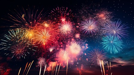 Fototapeta premium From below shot of wonderful vivid fireworks exploding on background of black night sky