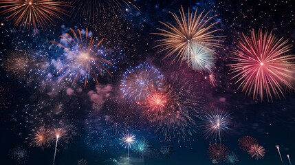 From below shot of wonderful vivid fireworks exploding on background of black night sky
