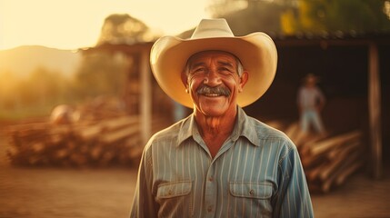 glad Latin American farmer with cap looking at the camera cheerfully and smiling at sundown. Portrait of the successful senior farmer with moustached smiling at camera - obrazy, fototapety, plakaty