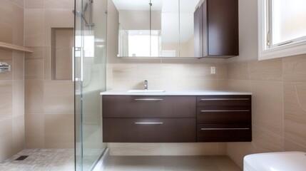 Fototapeta na wymiar Modern and Minimalist Bathroom with Floating Vanity and Frameless Glass Shower AI Generated.