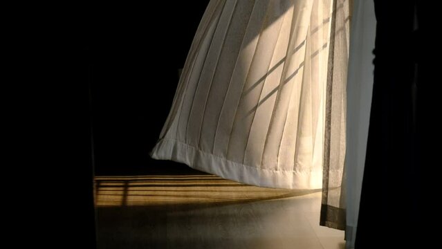 The curtains are moving, window, white fabric
