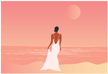 Beautiful woman in white dress on the beach vector illustration. Summer holidays beach concept